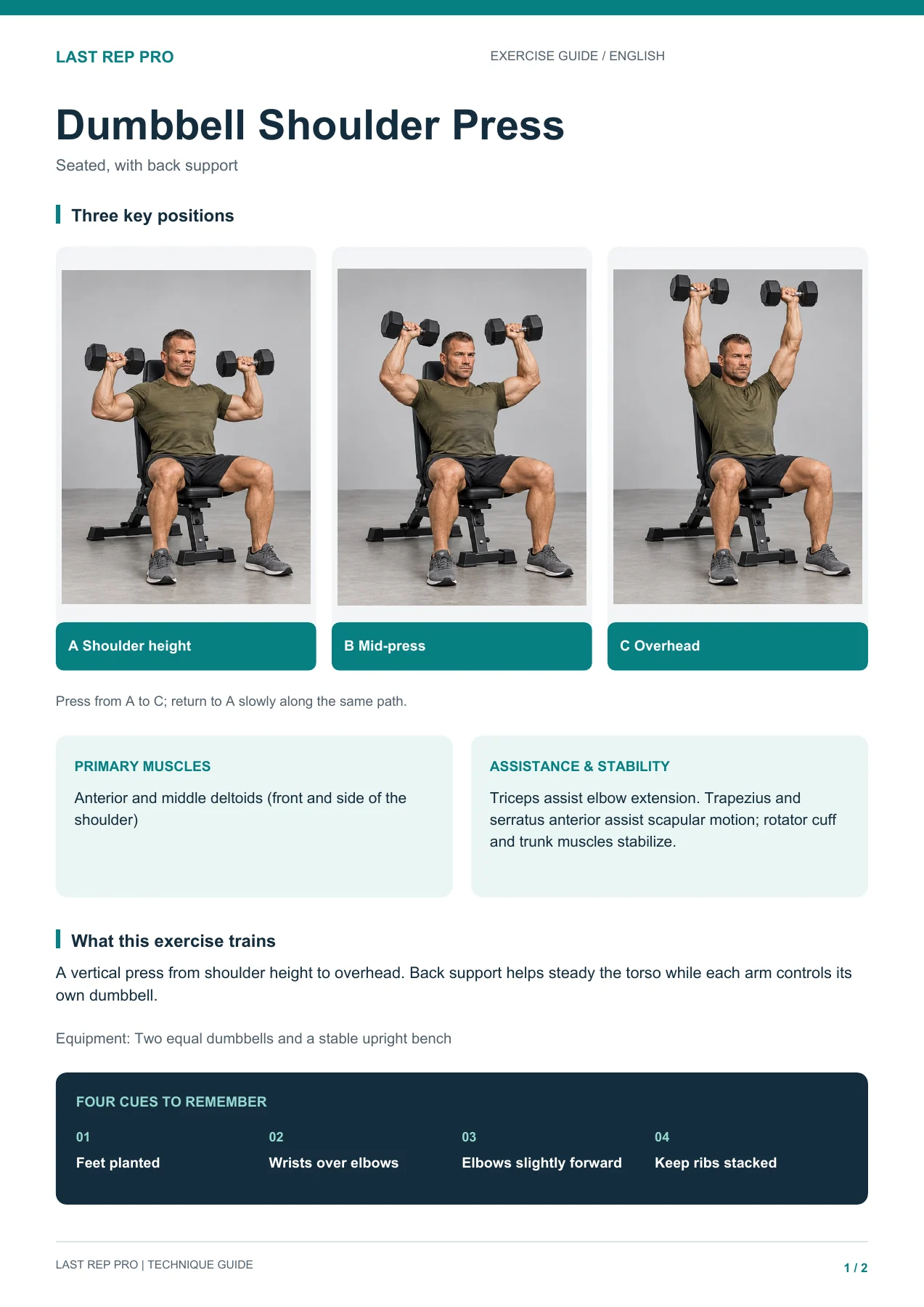 Seated Dumbbell Shoulder Press: English PDF page 1 of 2