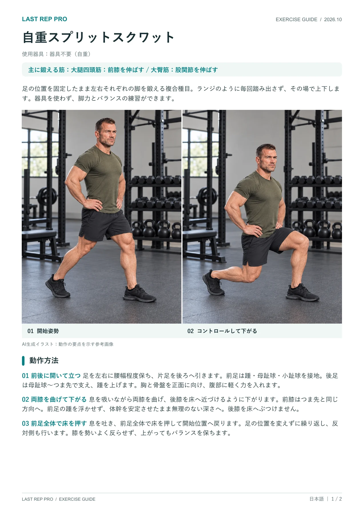 自重スプリットスクワット:解説PDF 1 / 2ページ