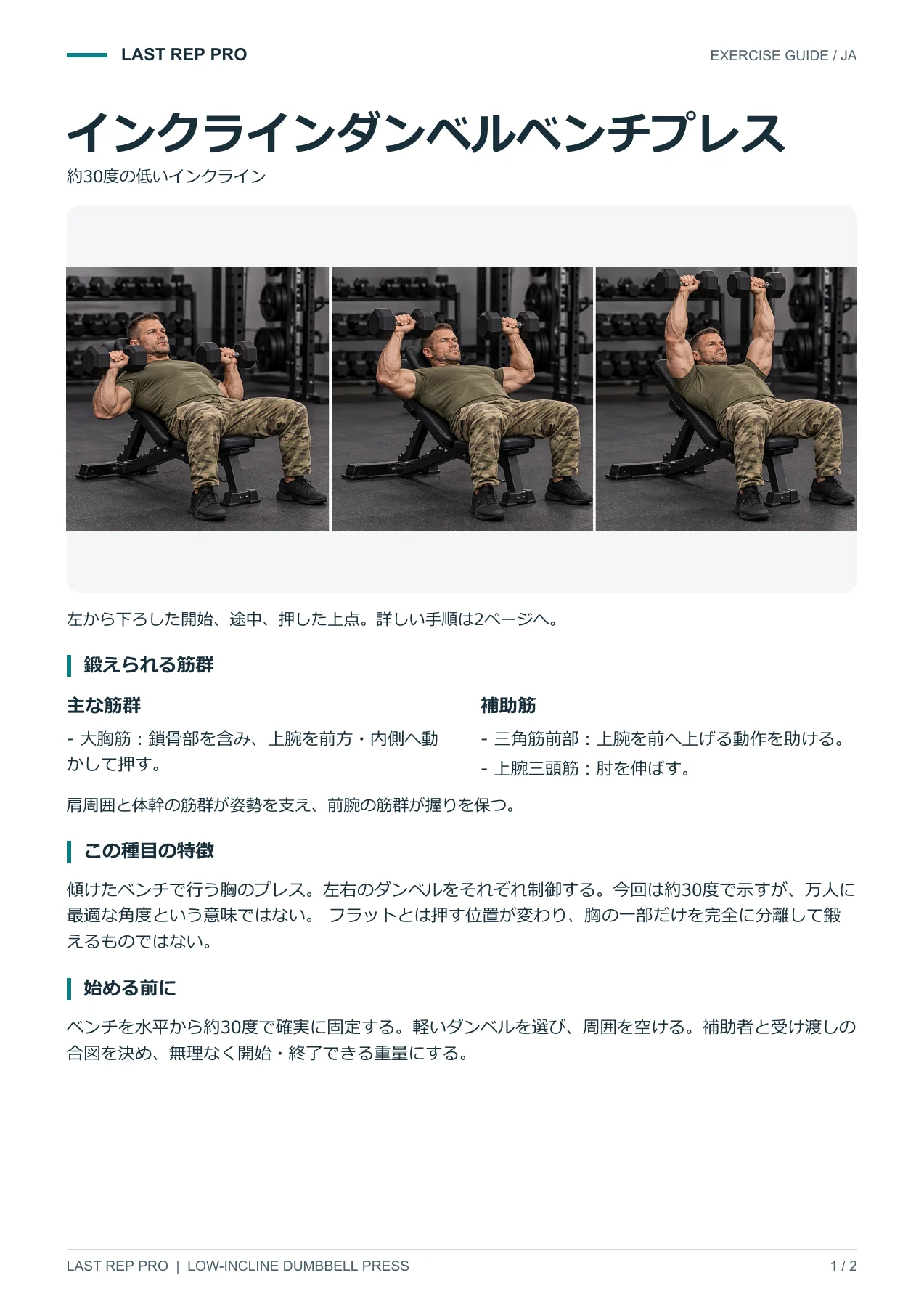 インクラインダンベルベンチプレス:解説PDF 1 / 2ページ