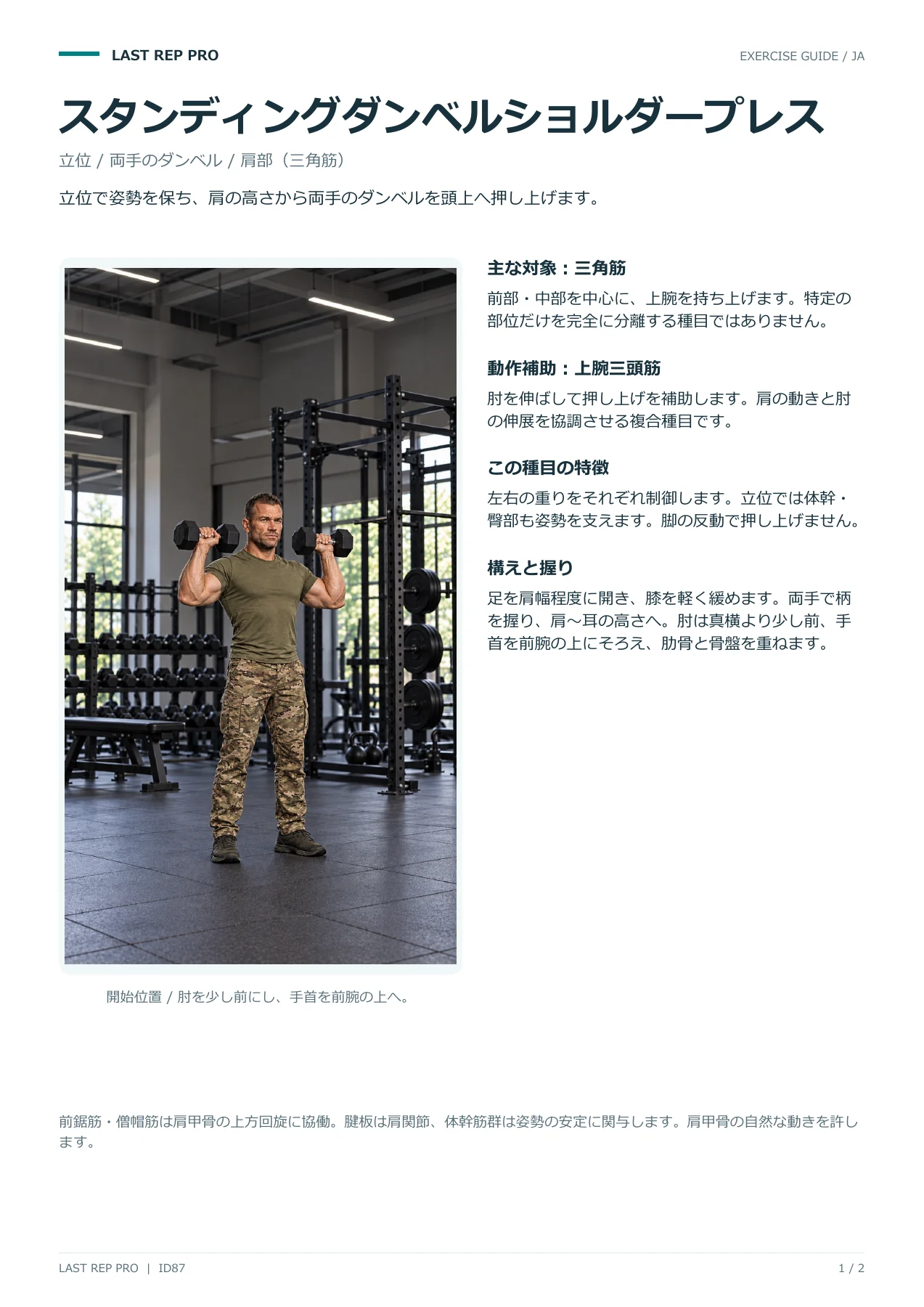 スタンディングダンベルショルダープレス:解説PDF 1 / 2ページ